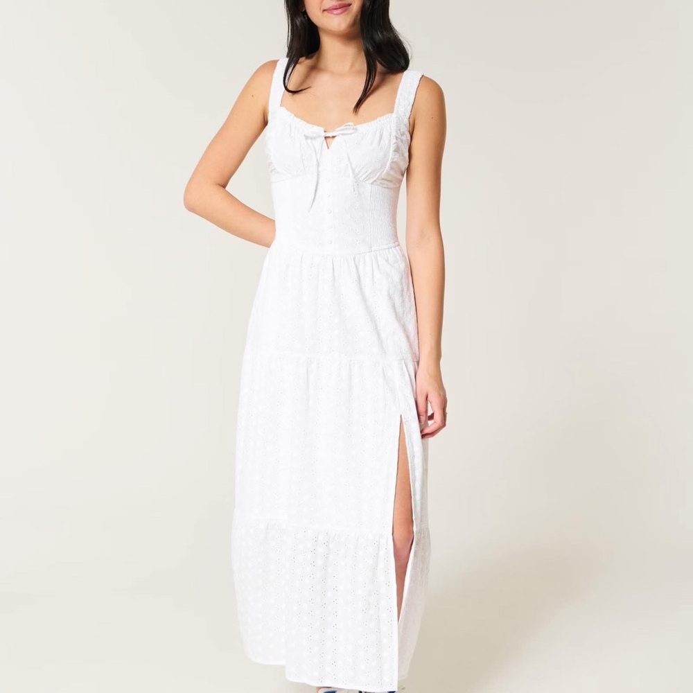 Hollister White Buttoned Slit Maxi Dresss